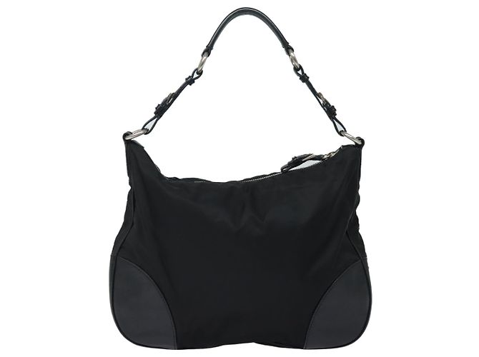 Prada Hobo Zip Tessuto in Pelle Grande Nero - vista 2