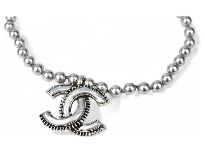 CC Perlen Metall Email Grau Halskette Chanel - Ansicht 10