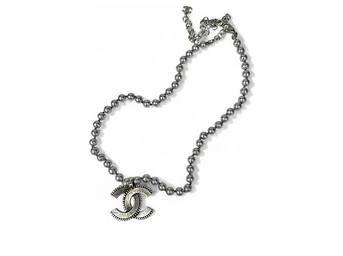CC Perlen Metall Email Grau Halskette Chanel - Ansicht 6