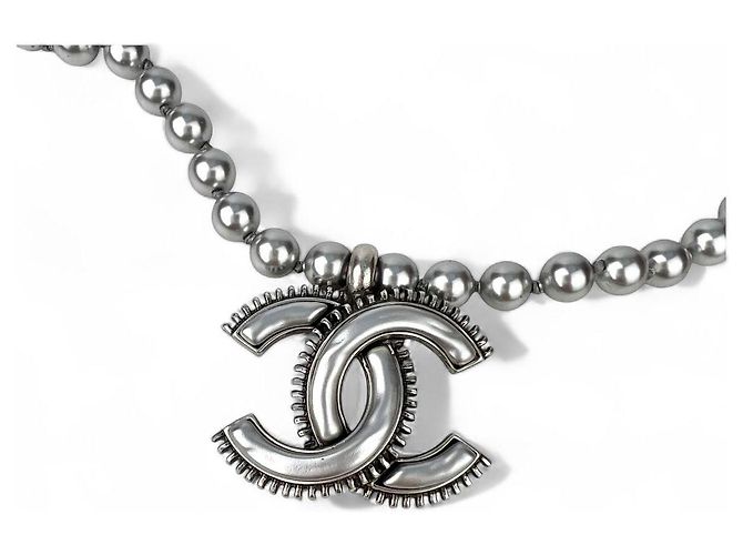 CC Perlen Metall Email Grau Halskette Chanel - Ansicht 8