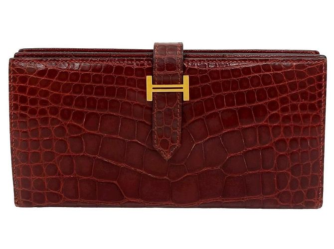 Hermès Hermes Bearn Soufflet Shiny Alligator Long Wallet Brown Bronze - view 2