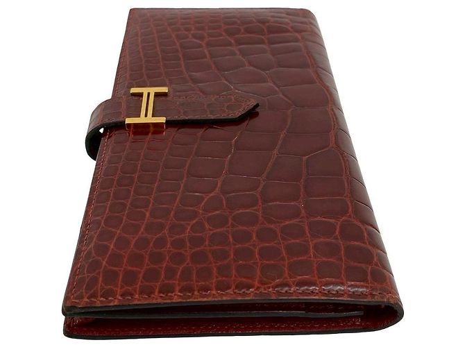 Hermès Hermes Bearn Soufflet Shiny Alligator Long Wallet Brown Bronze - view 5