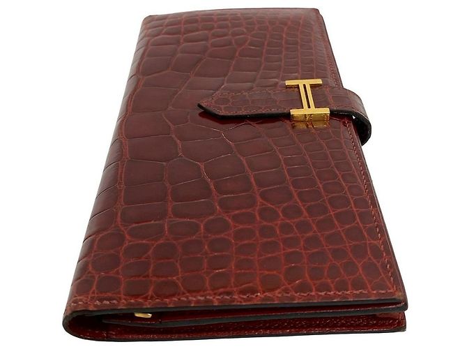 Hermès Hermes Bearn Soufflet Shiny Alligator Long Wallet Brown Bronze - view 6