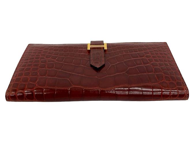 Hermès Hermes Bearn Soufflet Shiny Alligator Long Wallet Brown Bronze - view 7