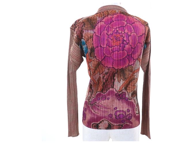 Issey Miyake Camisa de algodón rara Peony con estampado de flor botánica PLEATS PLEASE Castaño - vista 3