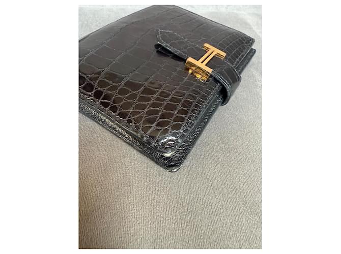 Hermès Bearn Alligator Kompaktgeldbörse Schwarz - Ansicht 7