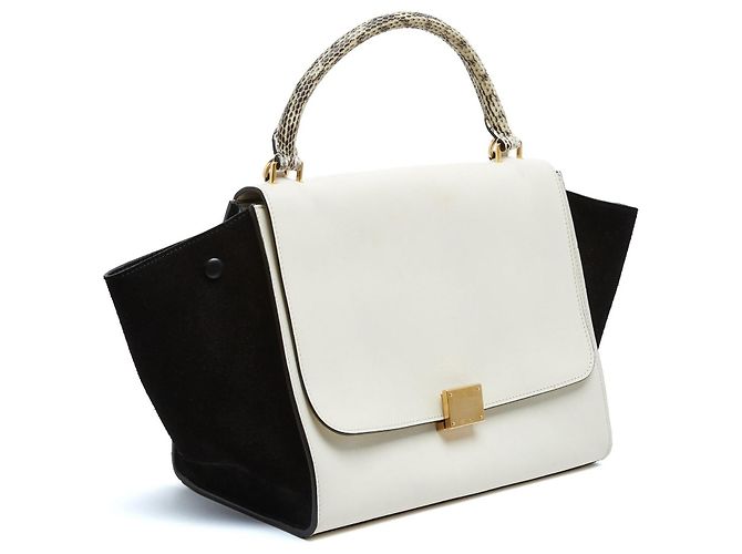 Trapèze Borsa Céline Phoebe Philo Trapeze Media in Pelle Bianco Latte e Nero con Tracolla Crudo - vista 2