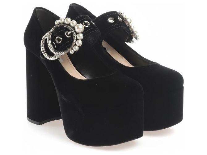 Sandali Miu Miu in velluto nero con plateau - vista 4