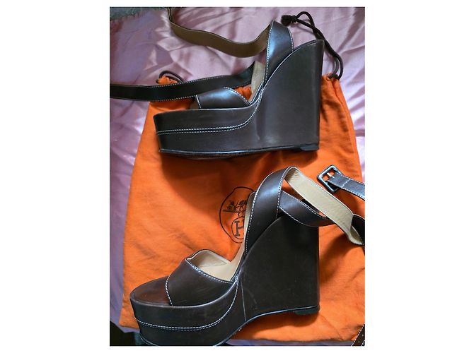Hermès Zoccoli con piattaforma interamente in pelle Hermes Marrone scuro - vista 2