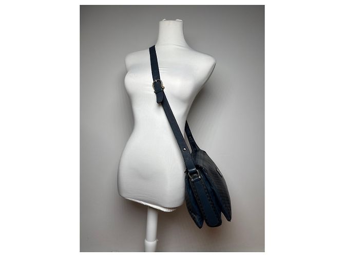 Céline Vintage Celine Triomphe Monogramm Leder Schultertasche navy grau Marineblau - Ansicht 3