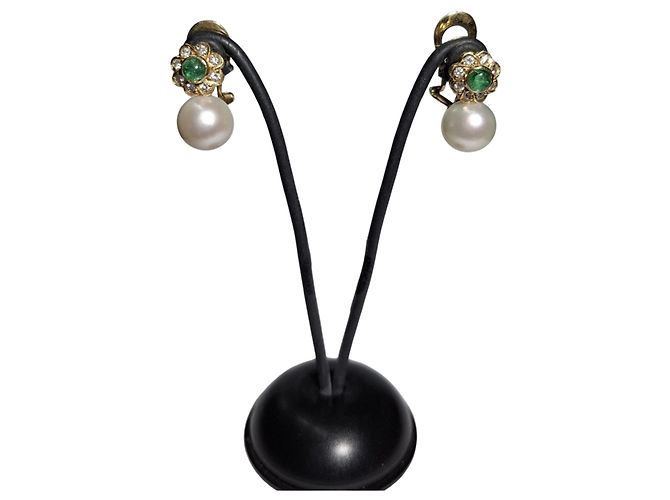 Autre Marque Orecchini Tu e Io smeraldo, perla e diamanti ORO 18K - vista 3