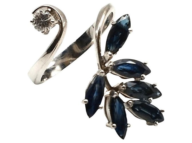 Autre Marque Anello in Oro Bianco con Zaffiri e Diamante Blu - vista 2