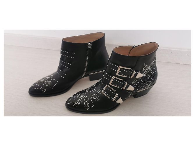 Chloé Susanna Botas de Tobillo Negro Plata Cuero Metálico - vista 3