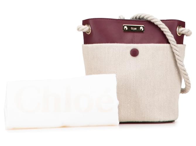 Borsa a secchiello Chloé Key beige e rosso scuro in pelle e lino Bordò - vista 9