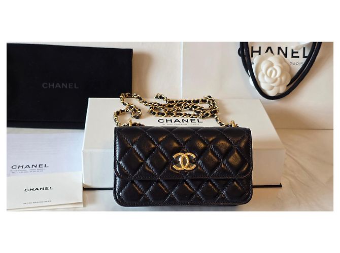 Wallet On Chain Chanel Mini billetera con cadena y soporte para teléfono. Negro - vista 5