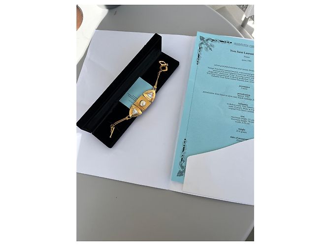 Bracciale Yves Saint Laurent in acciaio dorato con cristalli e perla D'oro - vista 7