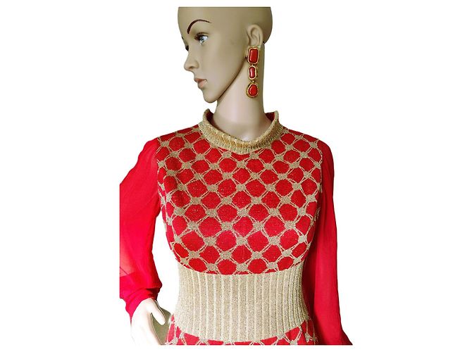 Abito lungo rosso in jersey e lurex oro Pierre Balmain - vista 5