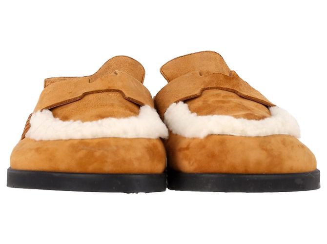 Mules Hermès Go in suede di capra marrone con fodera in shearling Rosso - vista 2
