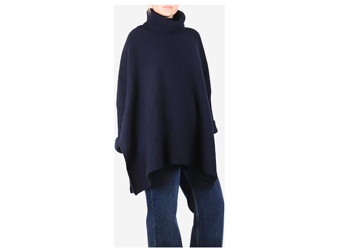 Crimson Navy blue oversized cashmere poncho - One size - view 3