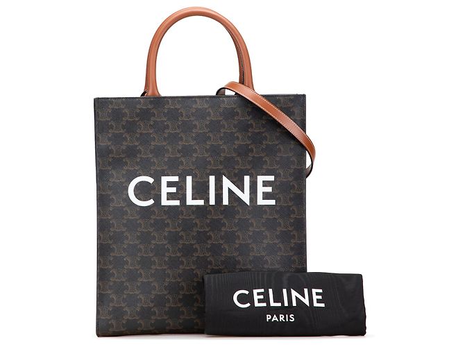 Céline Cabas vertical en toile enduite Triomphe petit modèle marron de Celine Marron foncé - vue 10