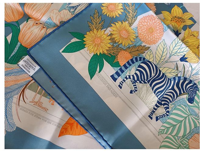 Edición muy limitada (100 ejemplares) bufanda Hermès 90 "Paraíso precioso" Azul Verde - vista 4