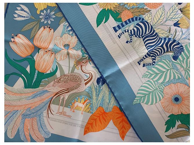 Edición muy limitada (100 ejemplares) bufanda Hermès 90 "Paraíso precioso" Azul Verde - vista 5