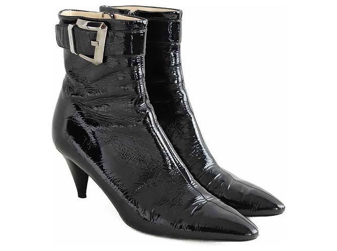 Prada Botas de hebilla de cuero charol negro - vista 3