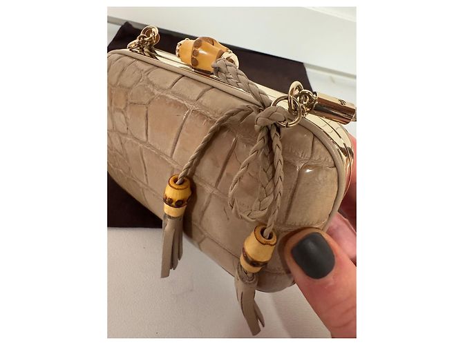 Clutch Gucci Broadway Bamboo Lock Taupe Pelle Coccodrillo - vista 12