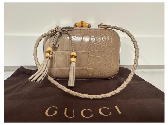 Clutch Gucci Broadway Bamboo Lock Taupe Pelle Coccodrillo - vista 2