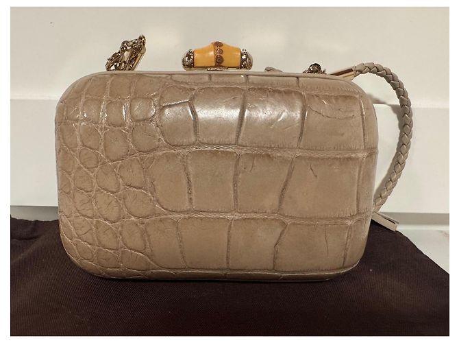 Clutch Gucci Broadway Bamboo Lock Taupe Pelle Coccodrillo - vista 4