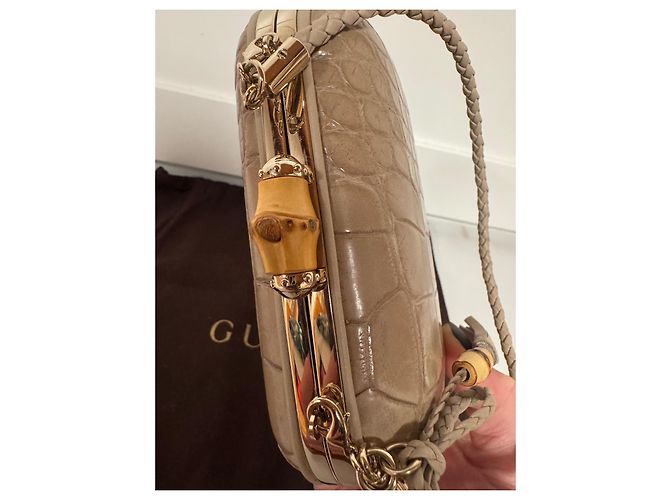 Clutch Gucci Broadway Bamboo Lock Taupe Pelle Coccodrillo - vista 5