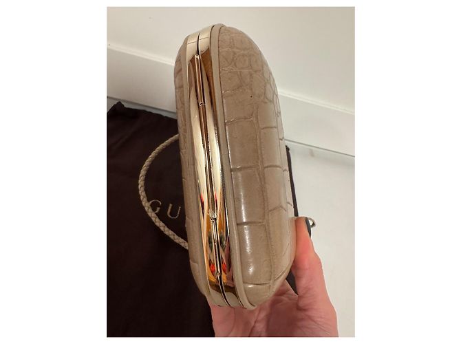 Clutch Gucci Broadway Bamboo Lock Taupe Pelle Coccodrillo - vista 6