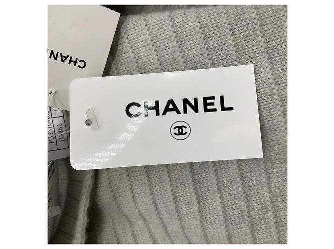 Chanel Fransen Cashmere Strickschal Silber / Grau / Marine 2008 - Ansicht 10