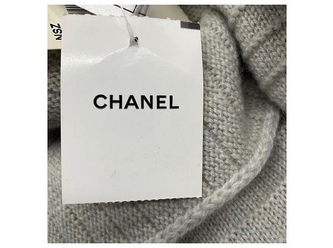 Chanel Fransen Cashmere Strickschal Silber / Grau / Marine 2008 - Ansicht 11