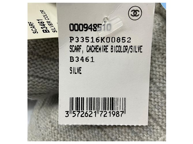 Chanel Fransen Cashmere Strickschal Silber / Grau / Marine 2008 - Ansicht 12
