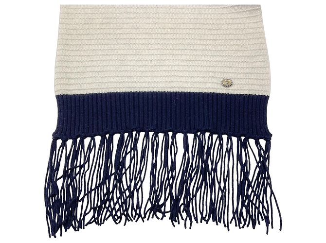 Chanel Fransen Cashmere Strickschal Silber / Grau / Marine 2008 - Ansicht 15
