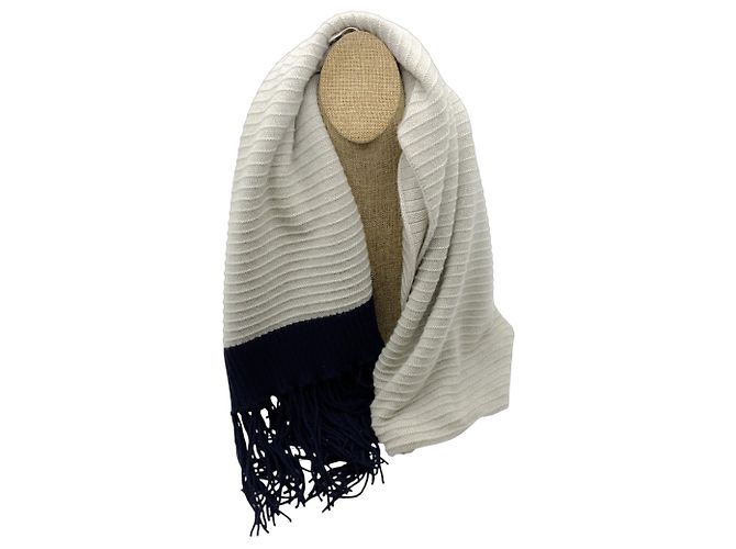 Chanel Fransen Cashmere Strickschal Silber / Grau / Marine 2008 - Ansicht 3