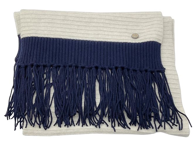 Chanel Fransen Cashmere Strickschal Silber / Grau / Marine 2008 - Ansicht 6