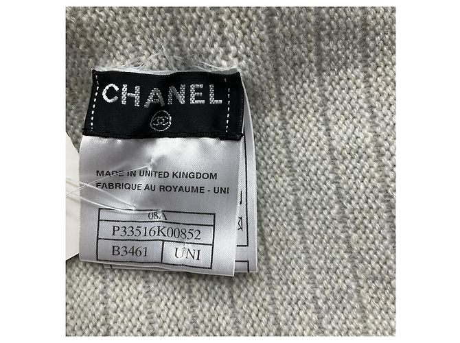 Chanel Fransen Cashmere Strickschal Silber / Grau / Marine 2008 - Ansicht 7