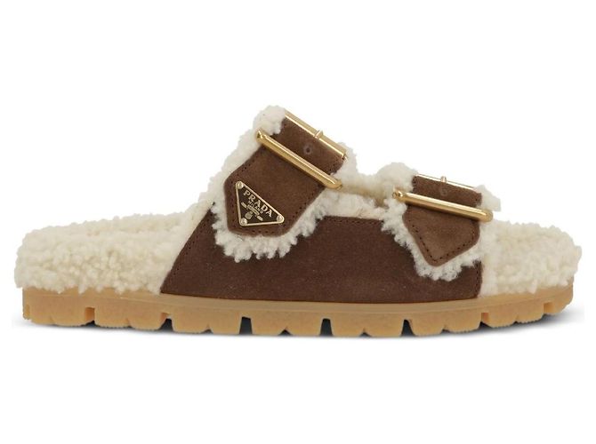 Infradito Prada in suede marrone e nuovo shearling - vista 3