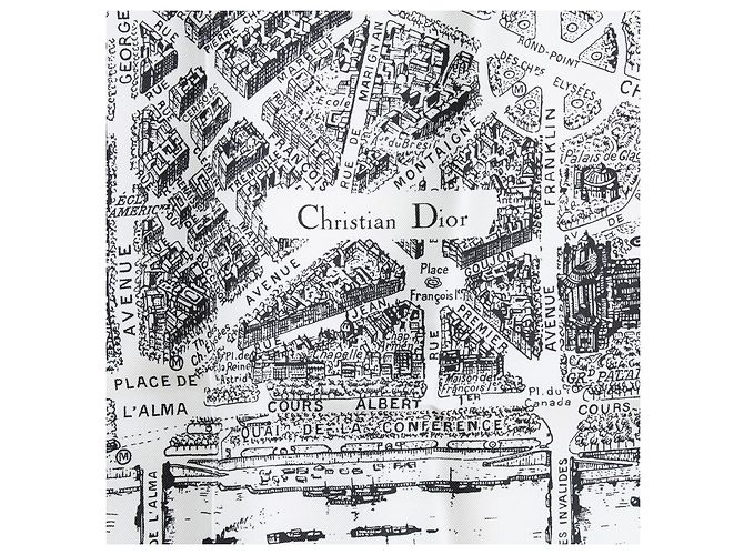 Bufanda de Seda Twill Iconic Blanca Marina Mapa de París Christian Dior NIB Blanco Azul marino - vista 3