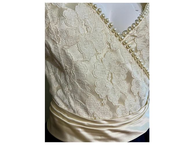 Jenny Packham Abito di alta moda in pizzo crema e satin blu navy Crudo - vista 3