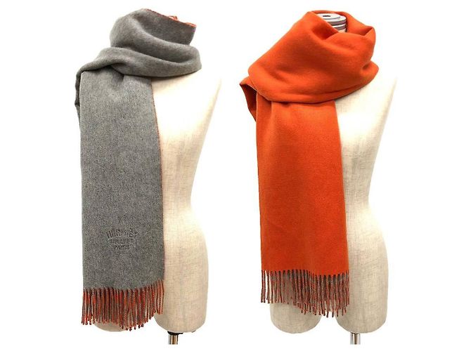 Stola reversibile in cashmere Hermès grigia e arancione Marrone - vista 2