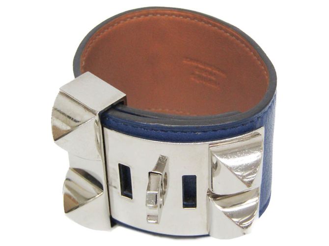 Pulseira de couro e metal Collier de Chien Hermès em Azul Safira e Prata - vista 2