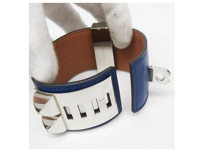 Pulseira de couro e metal Collier de Chien Hermès em Azul Safira e Prata - vista 3