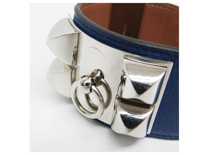 Pulseira de couro e metal Collier de Chien Hermès em Azul Safira e Prata - vista 4
