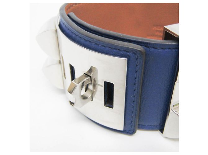 Pulseira de couro e metal Collier de Chien Hermès em Azul Safira e Prata - vista 5