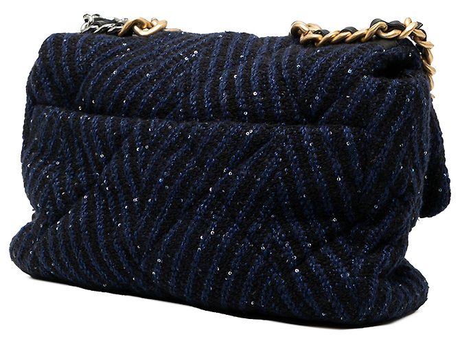 Chanel Blu Grande Flap in Tweed Chevron con Paillettes 19 Blu scuro - vista 2