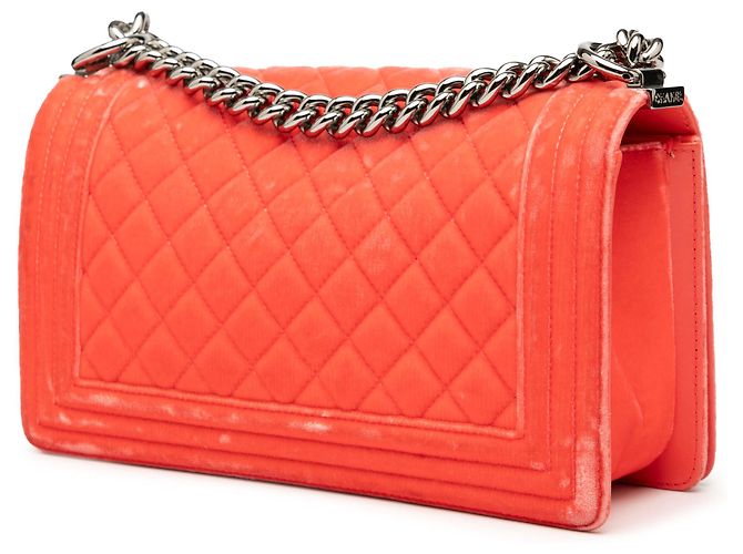Chanel Orange Alte Mittelgroße Gestepptes Samt Boy Flap - Ansicht 2