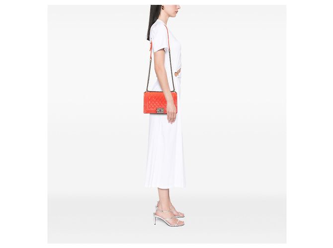 Chanel Orange Alte Mittelgroße Gestepptes Samt Boy Flap - Ansicht 7
